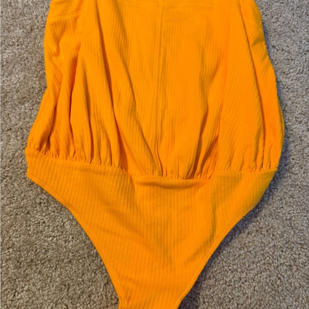 Free People Bright Orange Ribbed Square-Neck Bodysuit - Picture 4 of 11